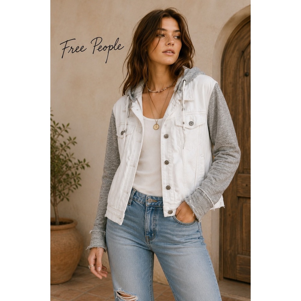 Free People Distressed Two‎ Tone Denim Hoodie Jacket Boho White Gray Large